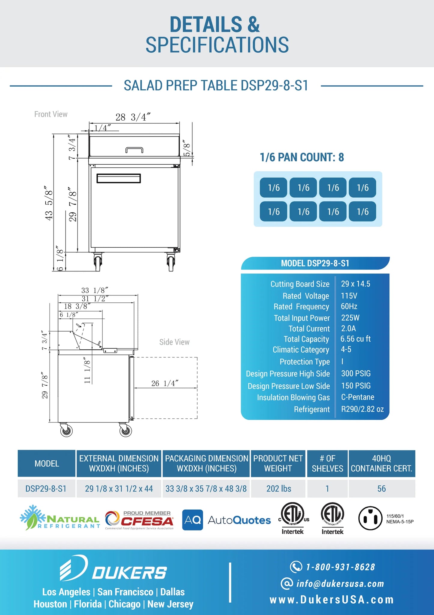 Dukers DSP29-8-S1, Commercial Refrigerated Food Prep Table w/ Standard Top, NEW!