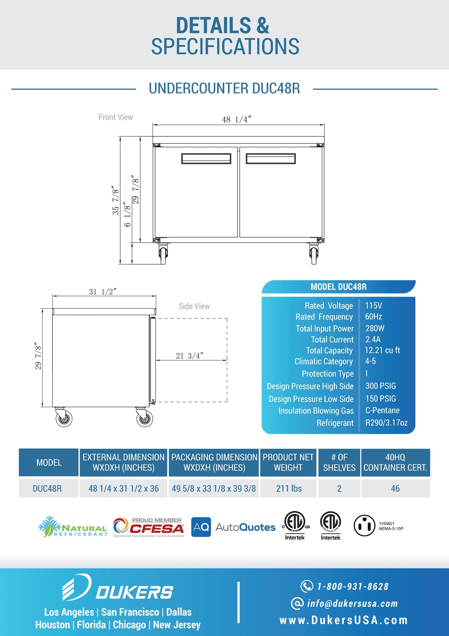 Dukers DUC48R, Stainless Steel 2-Swing Door Undercounter Refrigerator, BRAND NEW!