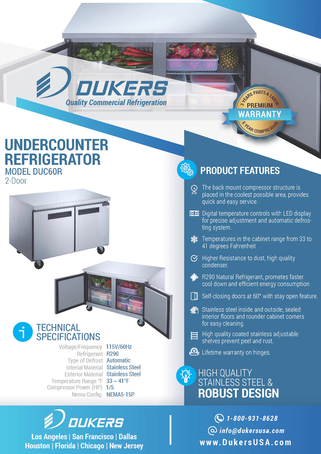 Dukers DUC60R, Stainless Double Swing-Door Undercounter Refrigerator, BRAND NEW!