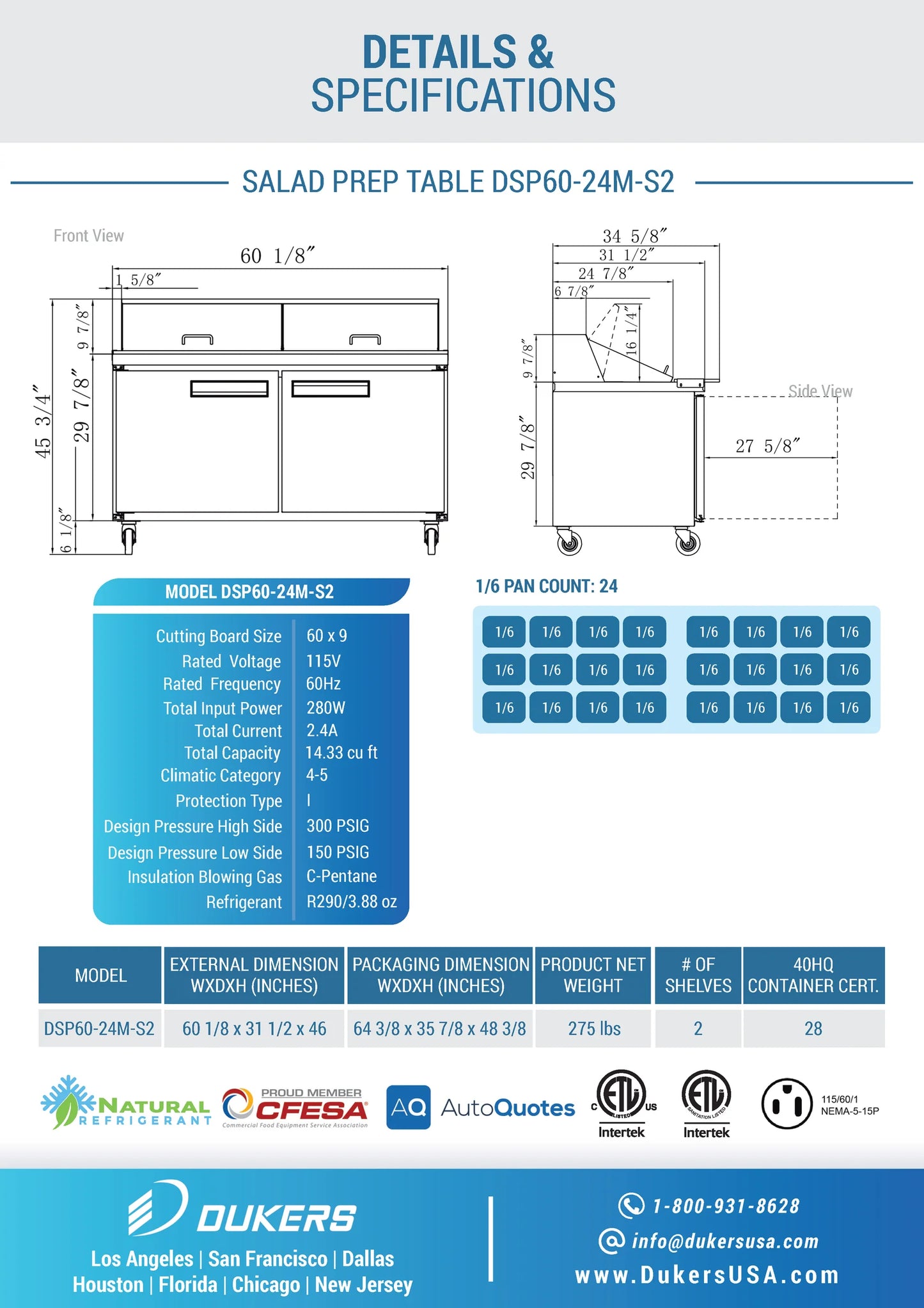 Dukers DSP60-24M-S2, Commercial Refrigerated Food Prep Table with Mega Top, NEW!