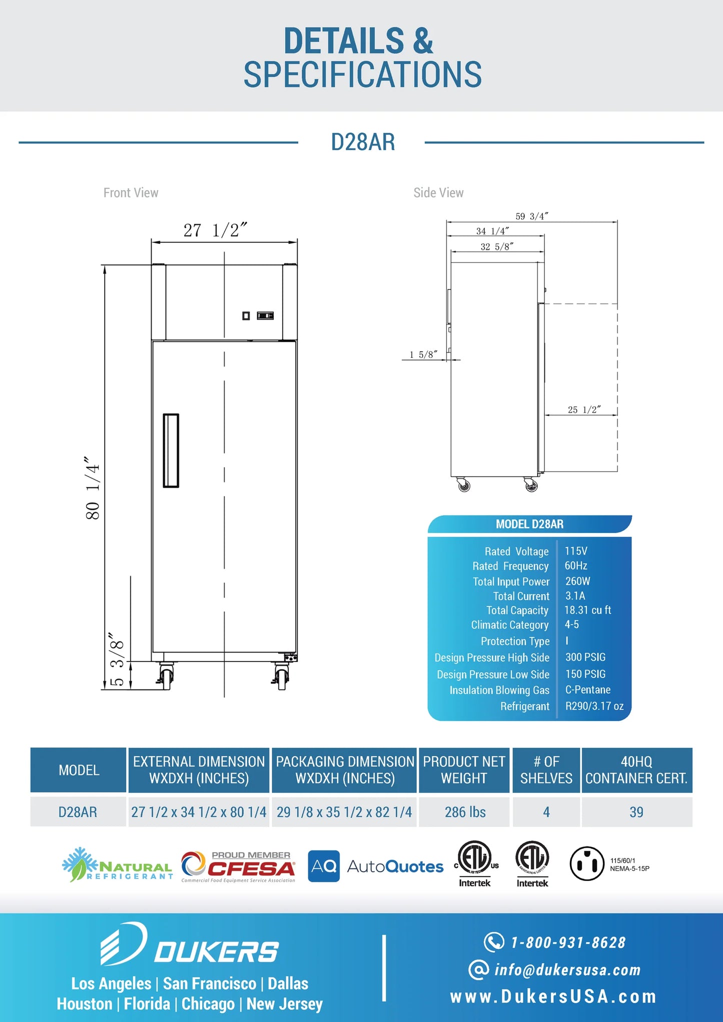 Dukers D28AR, Stainless Steel Single-Door Top Mount Refrigerator, BRAND NEW!