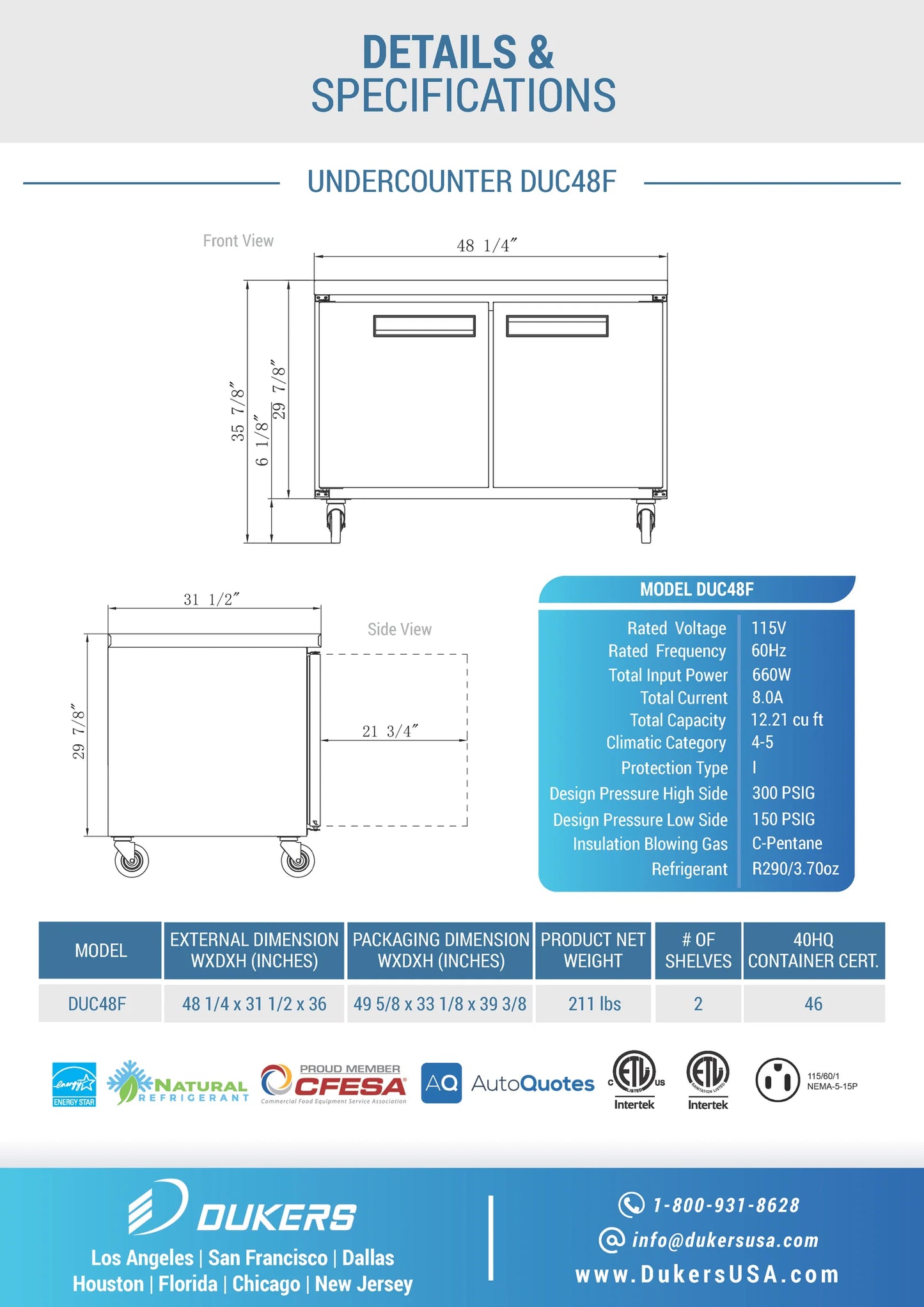 Dukers DUC48F, Stainless Steel Double Swing Door Undercounter Freezer, BRAND NEW!