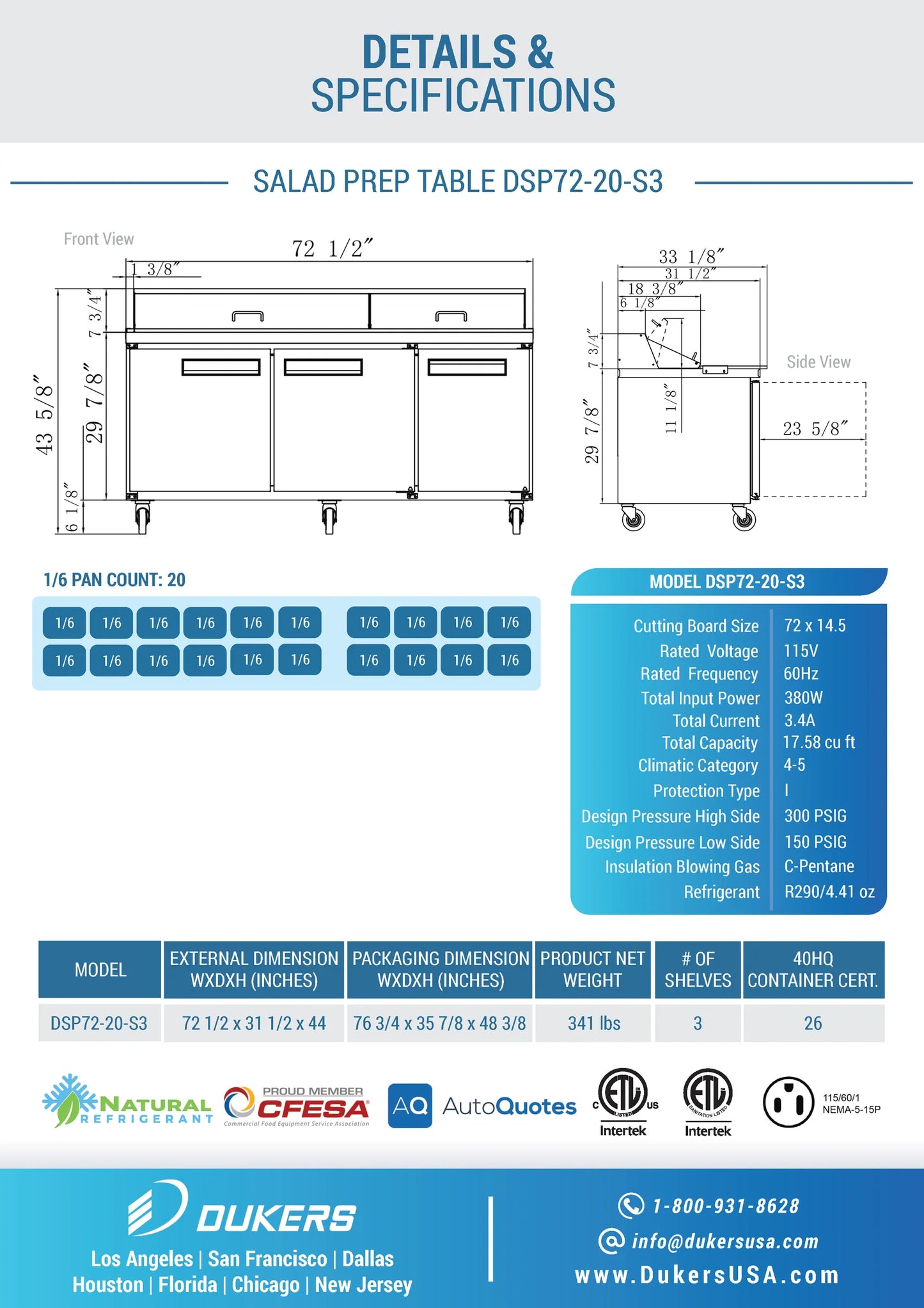 Dukers DSP72-30M-S3, Commercial Refrigerated Food Prep Table with Mega Top, NEW!