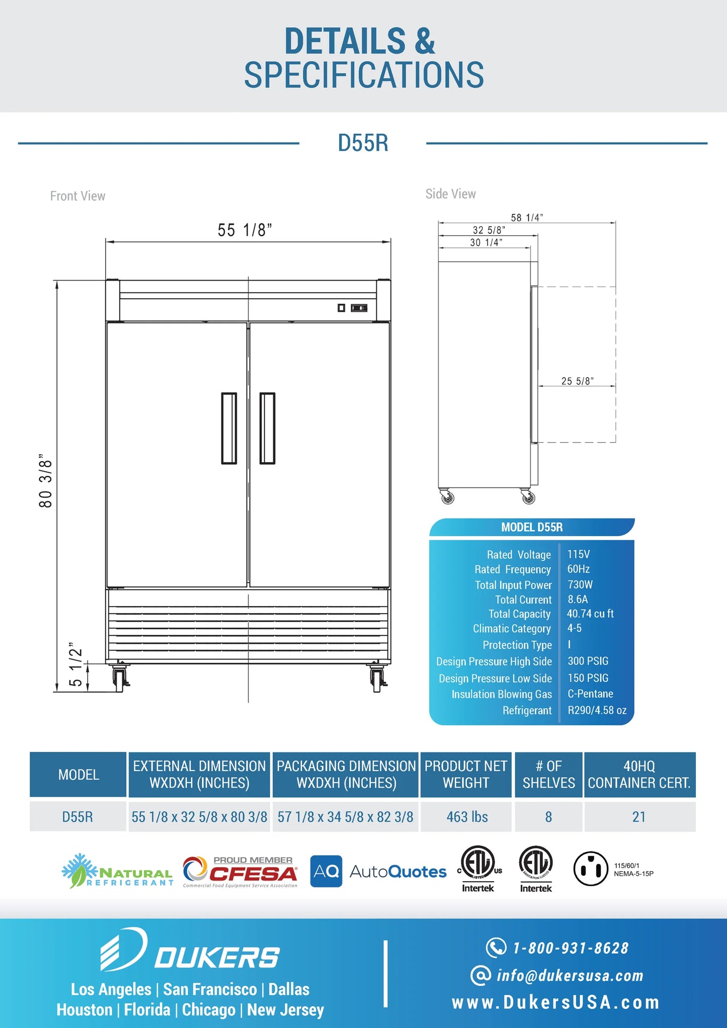 Dukers D55AR, Stainless Reach-In 2-Door Bottom Mount Refrigerator, BRAND NEW!