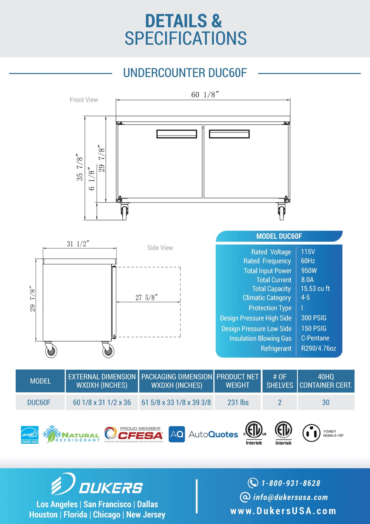 Dukers DUC60F, Stainless Steel Double Swing Door Undercounter Freezer, BRAND NEW!