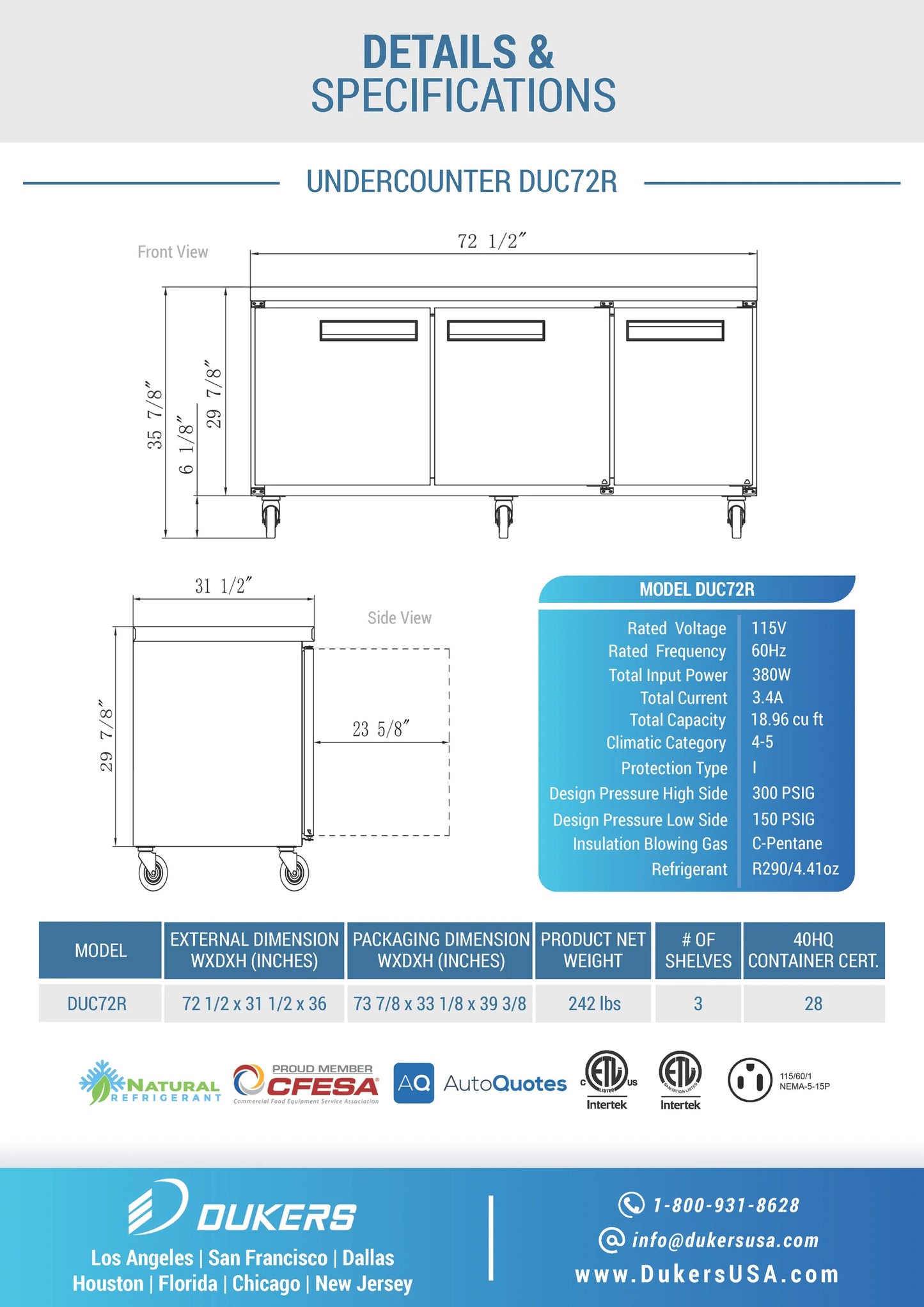 Dukers DUC72R, Undercounter Stainless Steel 3-Swing Door Refrigerator, BRAND NEW!