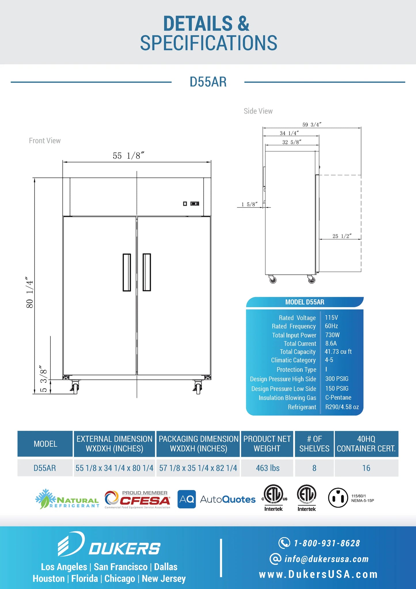 Dukers D55AR, Stainless Steel Reach-In 2-Door Top Mount Refrigerator, BRAND NEW!