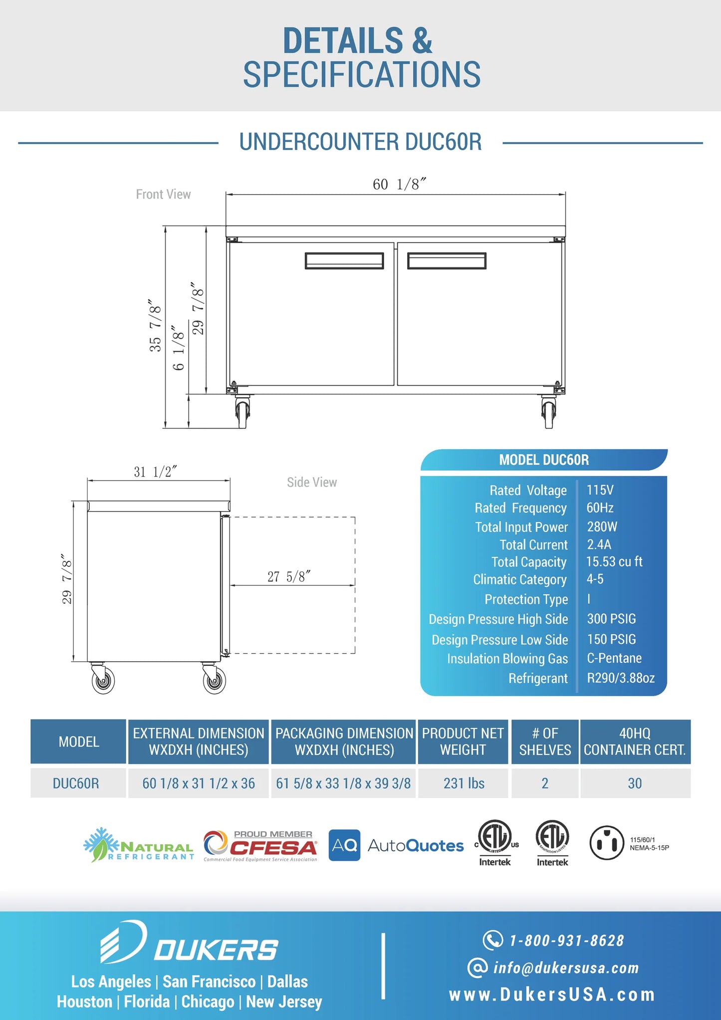 Dukers DUC60R, Stainless Double Swing-Door Undercounter Refrigerator, BRAND NEW!