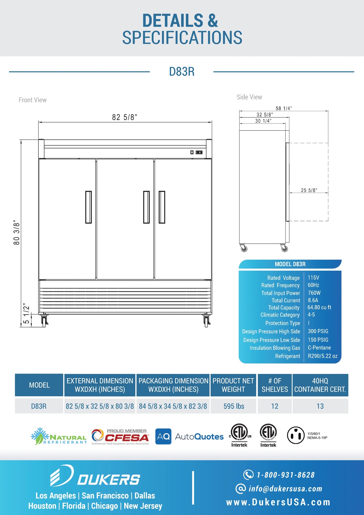 Dukers D83R, Stainless Steel Reach-In 3-Swing Door Refrigerator, BRAND NEW!