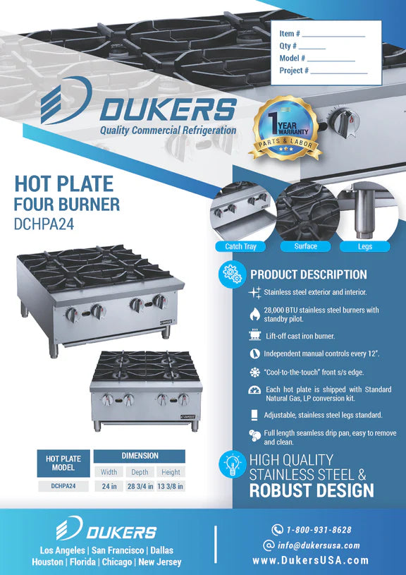 Dukers DCHPA24, Stainless Steel Hot Plate with 4 Burners, BRAND NEW!