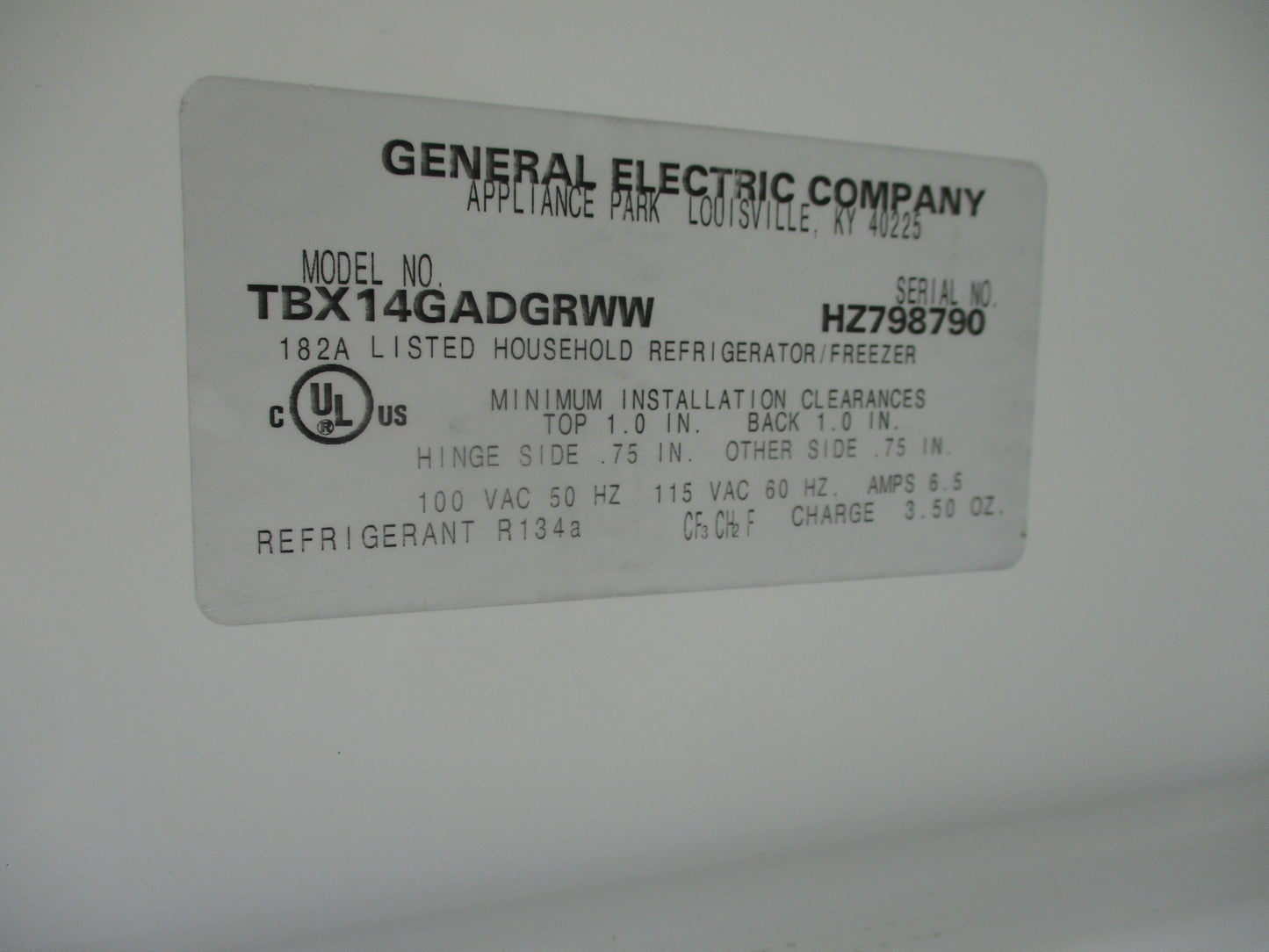 General Electric TBX14GADGRWW, Refrigerator, 115v, 60 Hz, TESTED, #8048