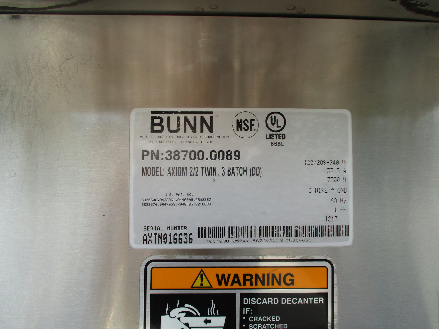 Bunn AXIOM 38700.00890 TWIN 2/2, Coffee Brewer, 120/208-240v, TESTED, #8696-E