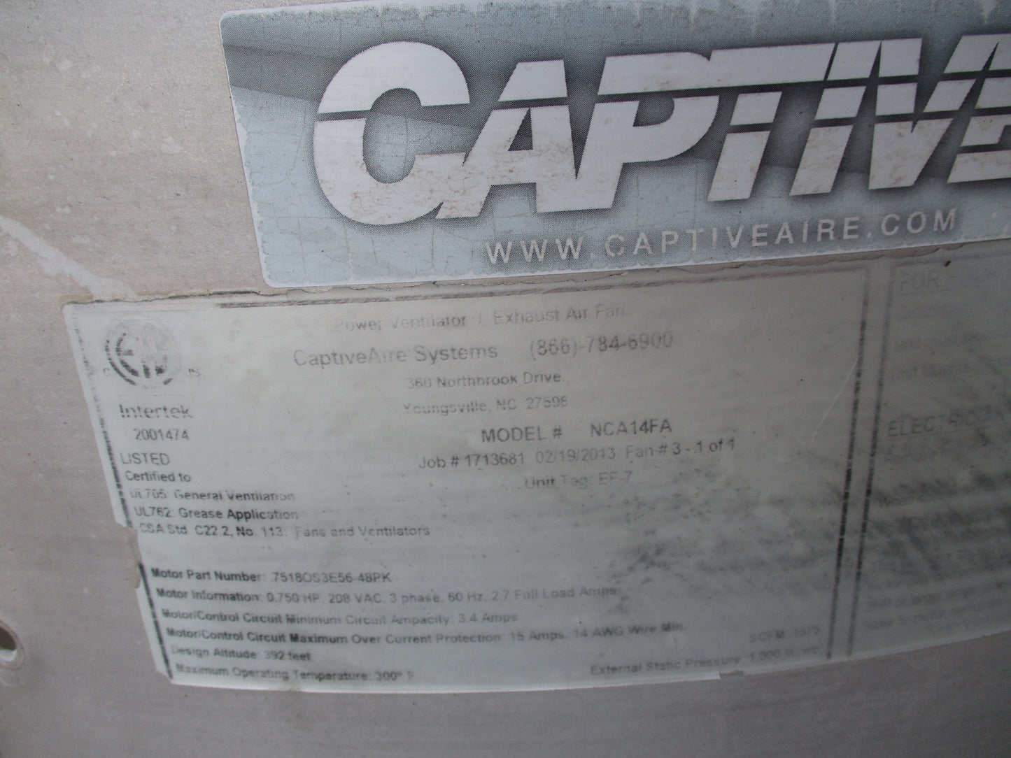 Captive-Aire NCA14FA Centrifugal Upblast Exhaust Fan, 208/240v, PH3, CFM 1575, #8734