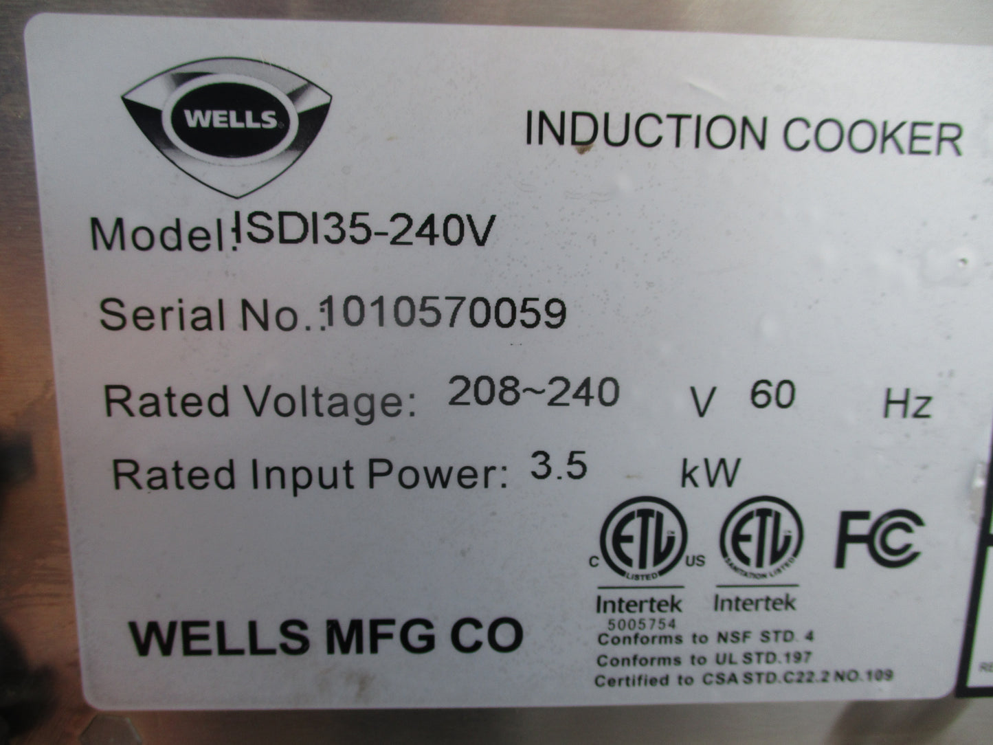 Wells ISDI35 Drop-In Commercial Induction Range w/ (1) Burner, 208 240v/1ph, #8900