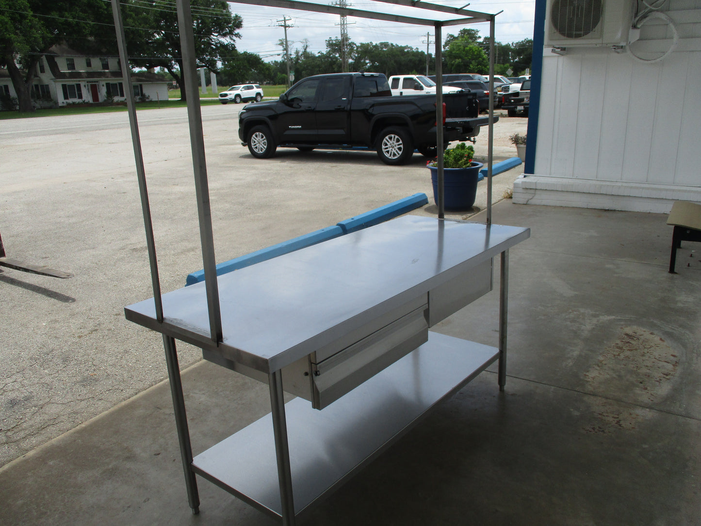 All Stainless-Steel Table w/drawers, lower shelf & pot rack, #8979