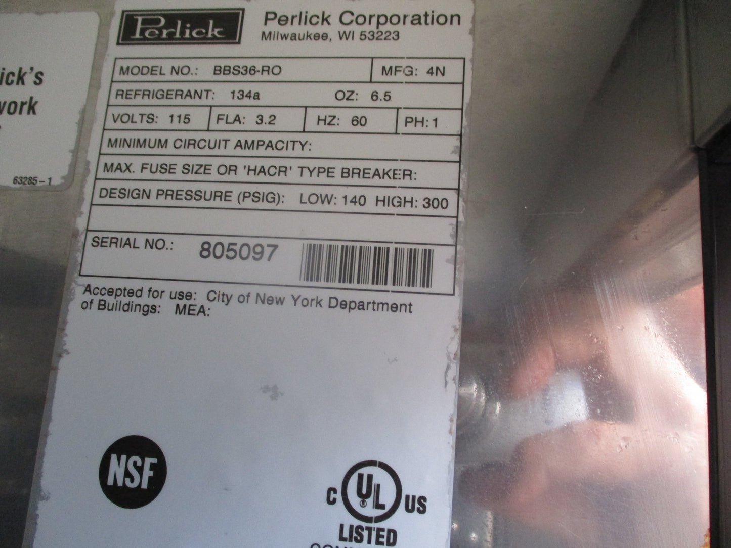 Perlick #BBS36-RO, 1 Solid Door Backbar Refrigerator, 115v, 1PH, TESTED, #8997