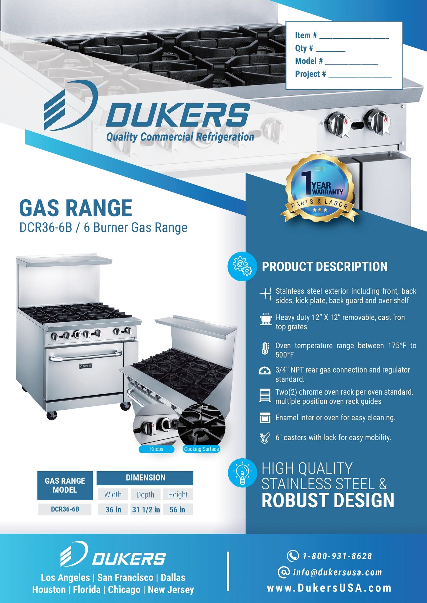 Dukers DCR36-6B, Commercial 36″ Gas Range Oven with Six Open Burners, NEW!