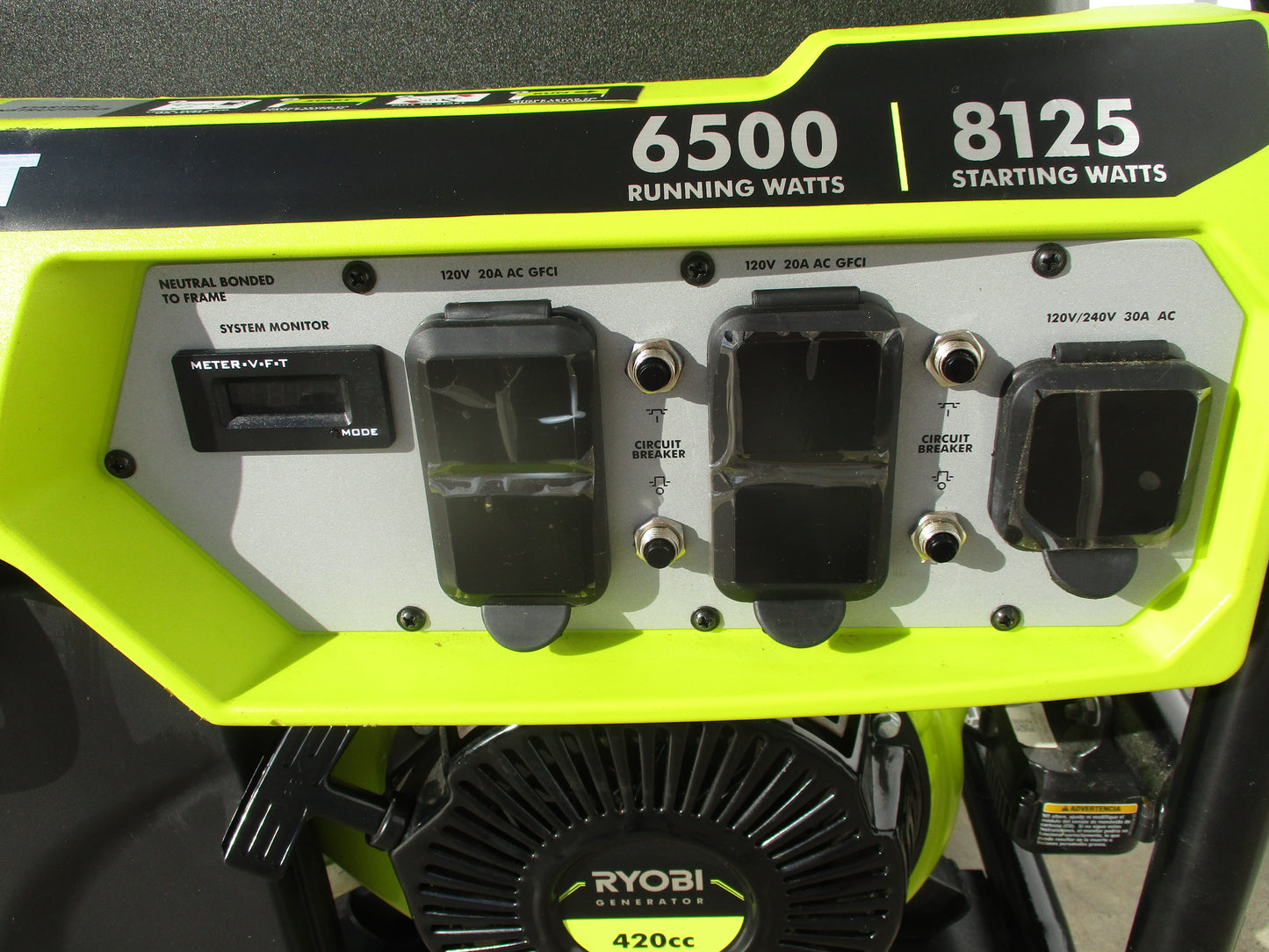 RYOBI 906500VNM Portable Generator, 6500w RUNNING, 120v, PH1, TESTED, #9077