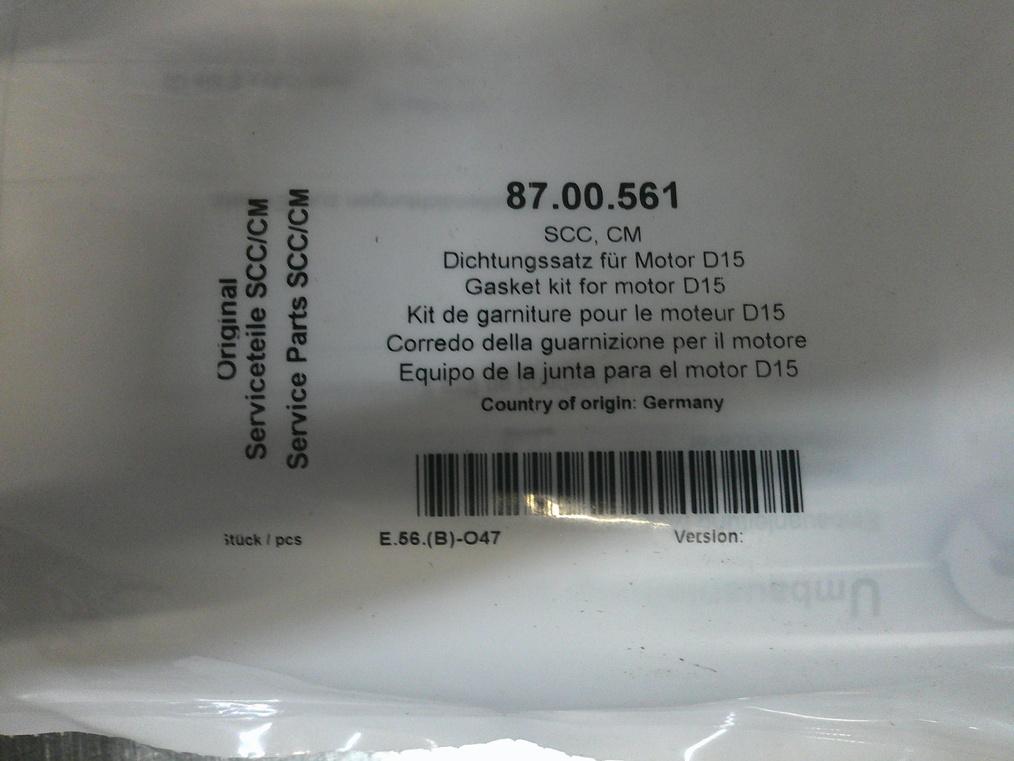 SCC 87.00.561, Gasket Kit for Motor D15, New-Old Stock, #9122