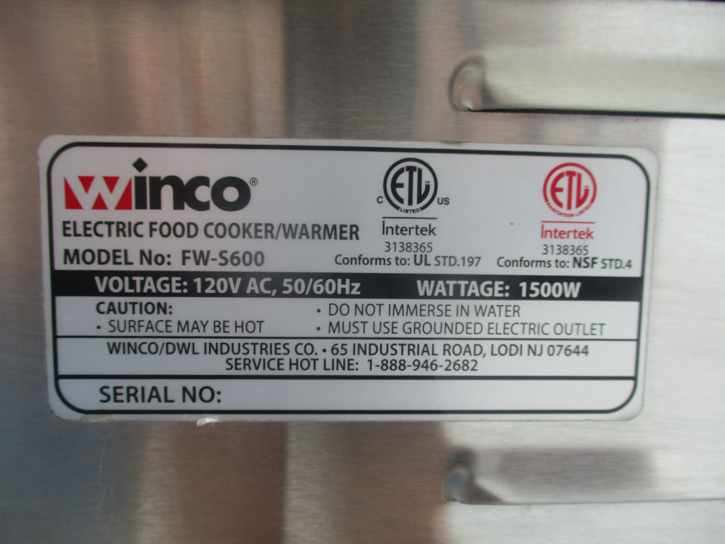 Winco FW-S600, Single-Well Countertop Food Warmer, 120v, Ph1, TESTED, #9187c