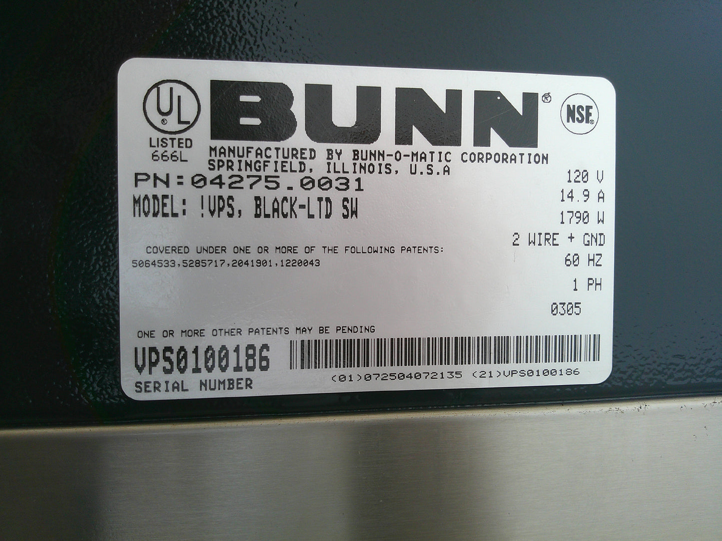 Bunn VPS 04275.0031 Pourover Commercial Coffee Brewer, TESTED, #9228