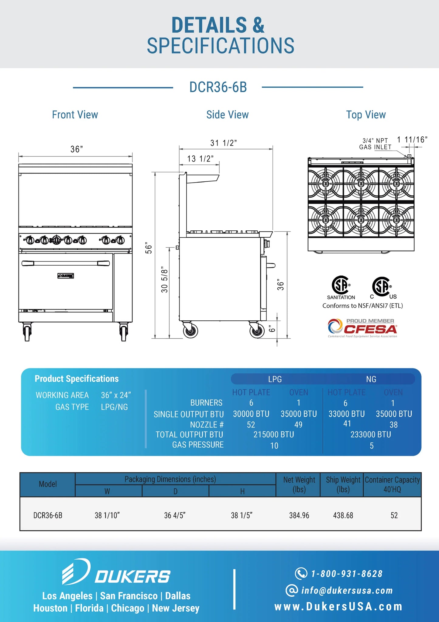 Dukers DCR36-6B, Commercial 36″ Gas Range Oven with Six Open Burners, NEW!