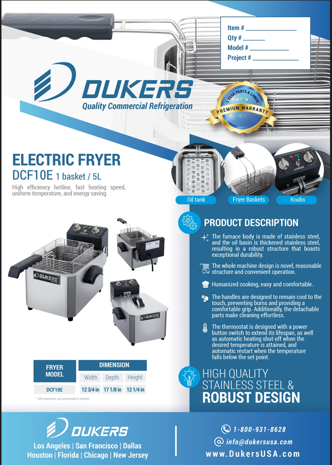 NOW OFFERING!! Brand New DUKERS Electric Countertop Fryer #DCF10E, 10lb., 120v