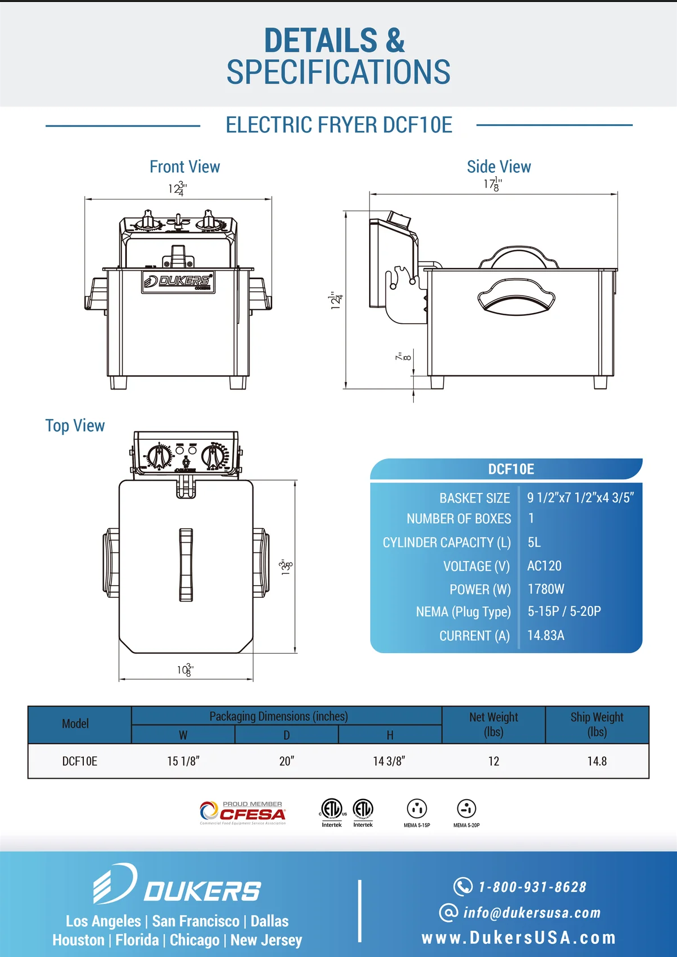 NOW OFFERING!! Brand New DUKERS Electric Countertop Fryer #DCF10E, 10lb., 120v