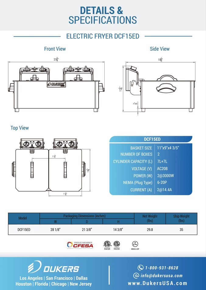 NOW OFFERING!! Brand New DUKERS Electric Countertop Two Basket Fryer #DCF15ED, 30lb., 208v