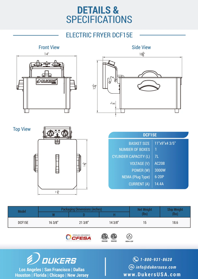 NOW OFFERING!! Brand New DUKERS Electric Countertop Fryer #DCF15E, 15lb., 208v