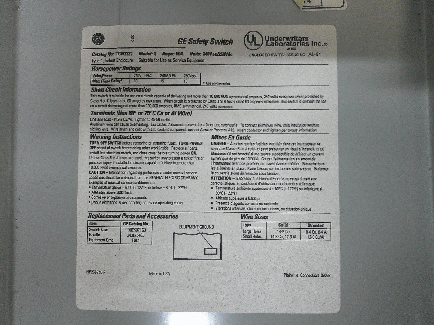 General Electric TGN3322, Non-Fuse Indoor Safety Switch, 60 Amp, TESTED, #9390