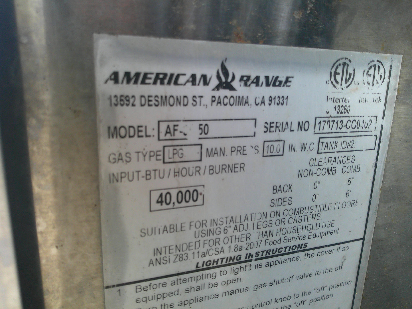 American Range AF-35/50, Liquid Propane 50 lbs. Capacity Fryer, TESTED, #9422c