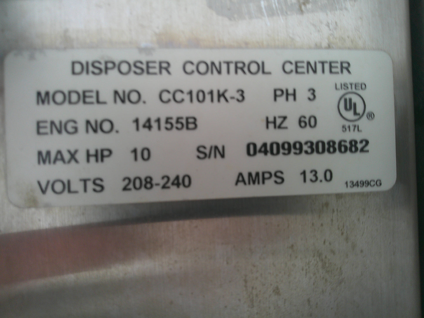 InSinkErator CC101K-3, Commercial Disposal Control Center, PARTS ONLY, #9393