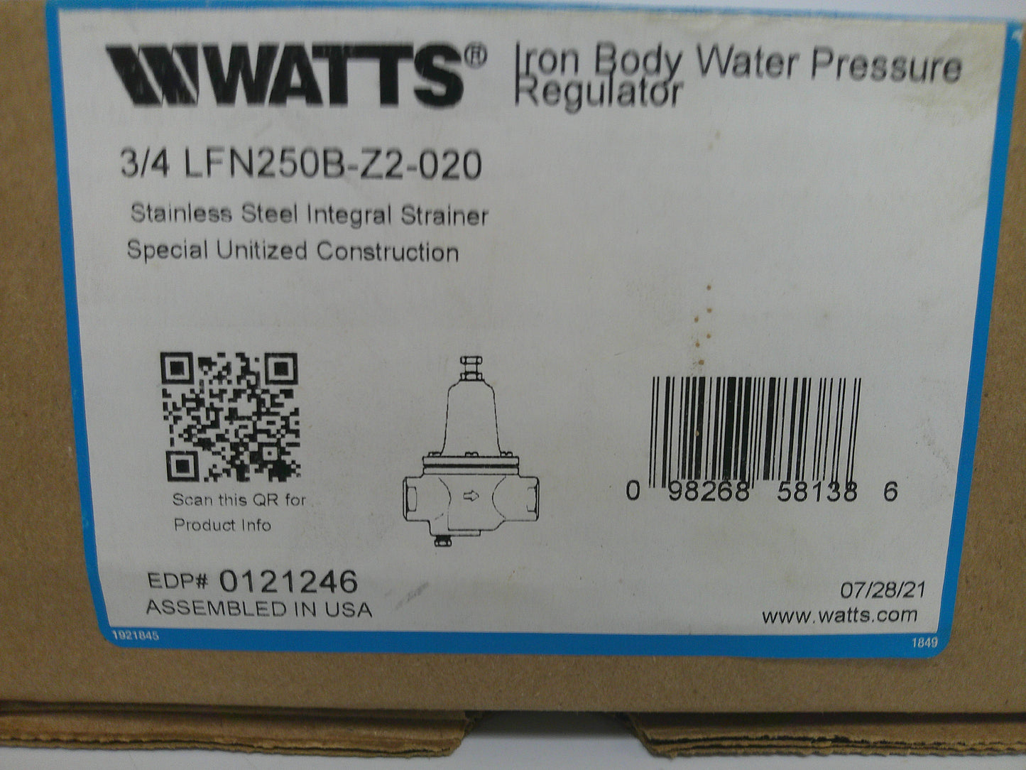 Watts LFN250B-Z2-020, Water Pressure Regulator, ¾", New-Old Stock, #9406