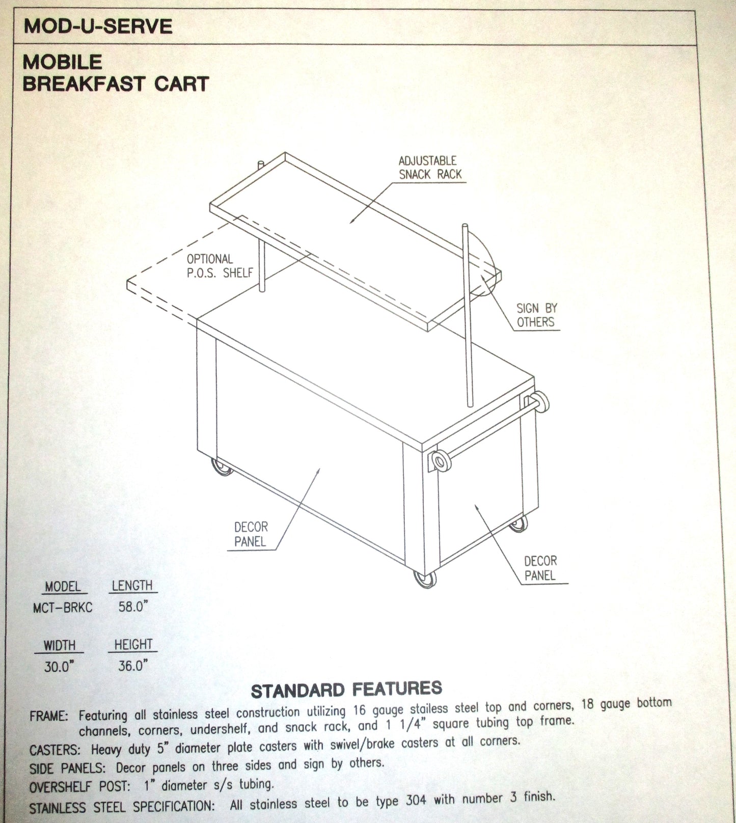 Mod-U-Serve MCT-BRKC Mobile Breakfast Cart with Snack Rack Display, #8253