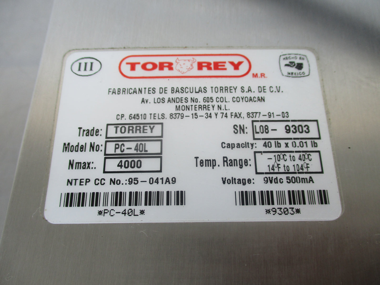 Tor Rey PC-40L 40 lb. Digital Price Computing Scale, TESTED, #8106