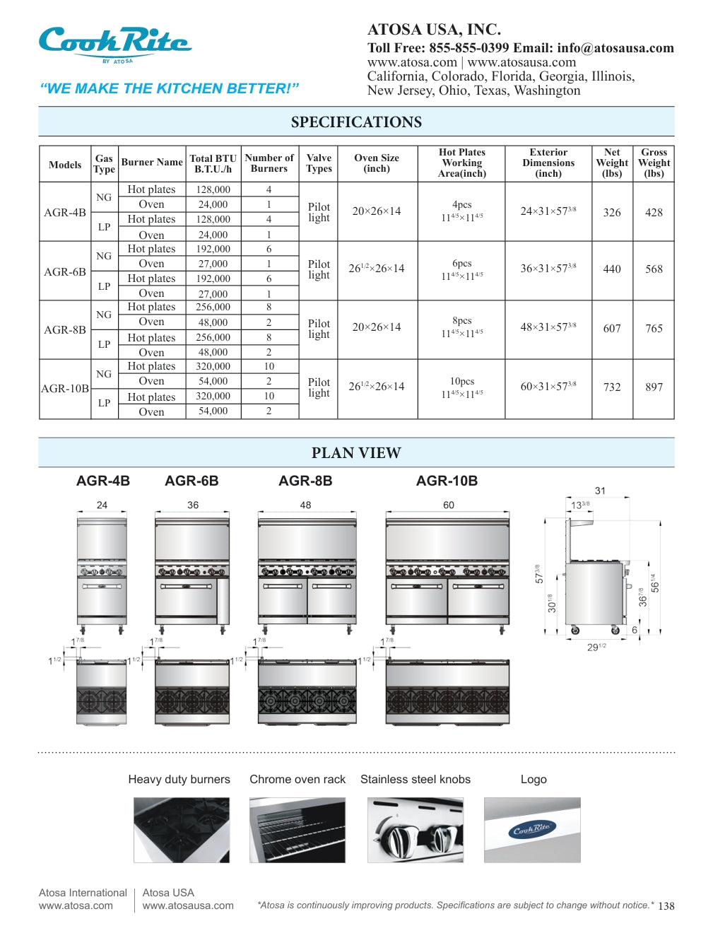 Cook Rite by Atosa AGR-4B, Stainless Steel Gas Range with Four Open Burners, NEW!