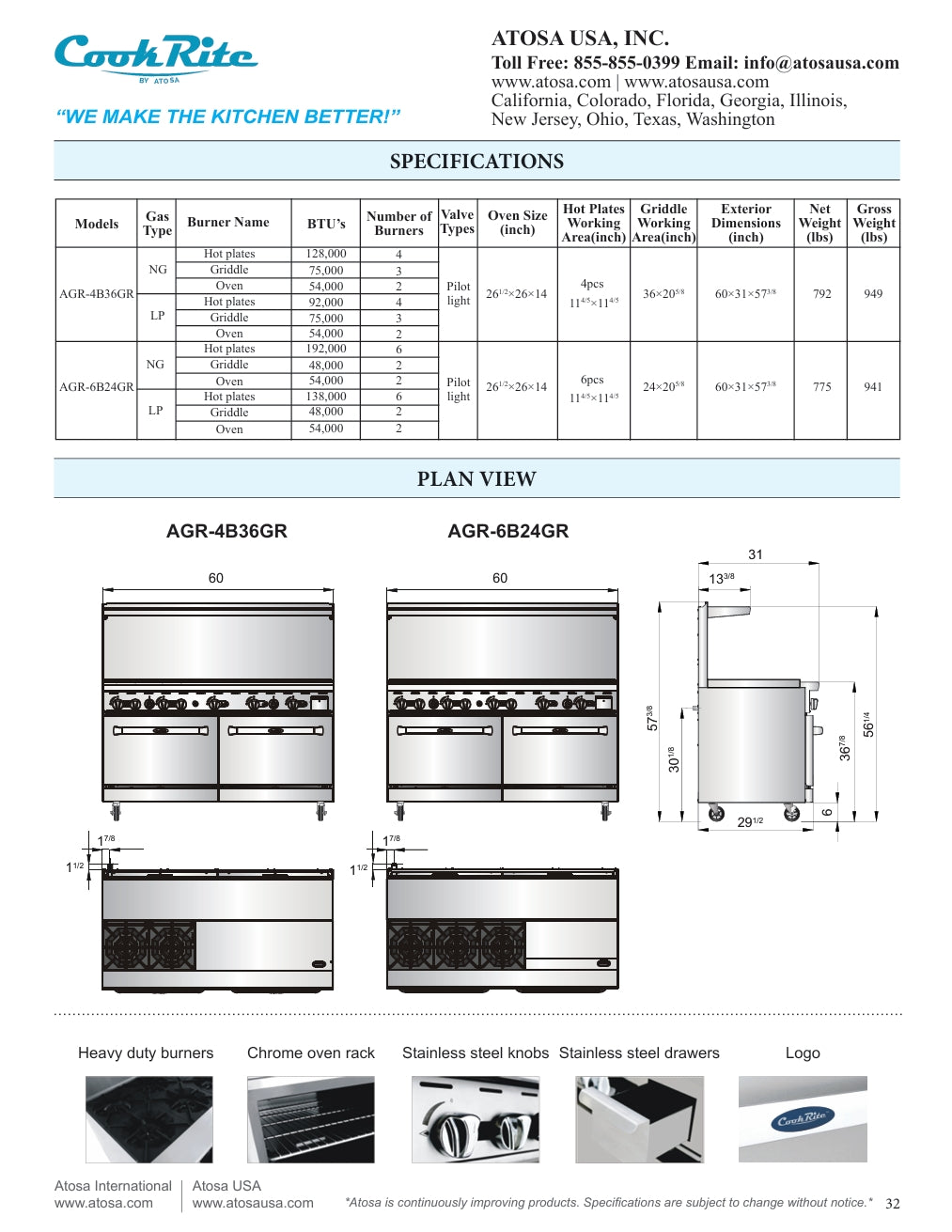 Cook Rite by Atosa AGR-6B24GR, Stainless Steel 60″ Combination Gas Range, NEW!