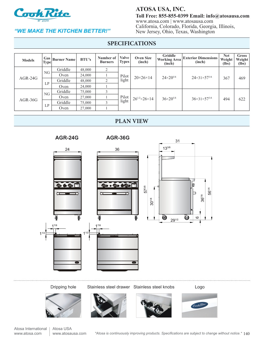 Cook Rite by Atosa AGR-24G, Stainless Steel 24″ Gas Range with Griddle Top, NEW!