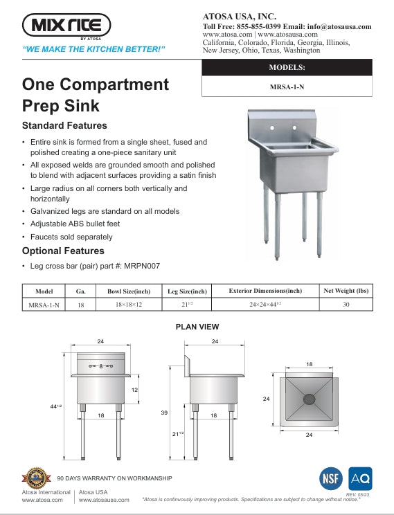 Mixrite by Atosa MRSA-1-N, Stainless Steel 24″ One Compartment Sink, BRAND NEW!