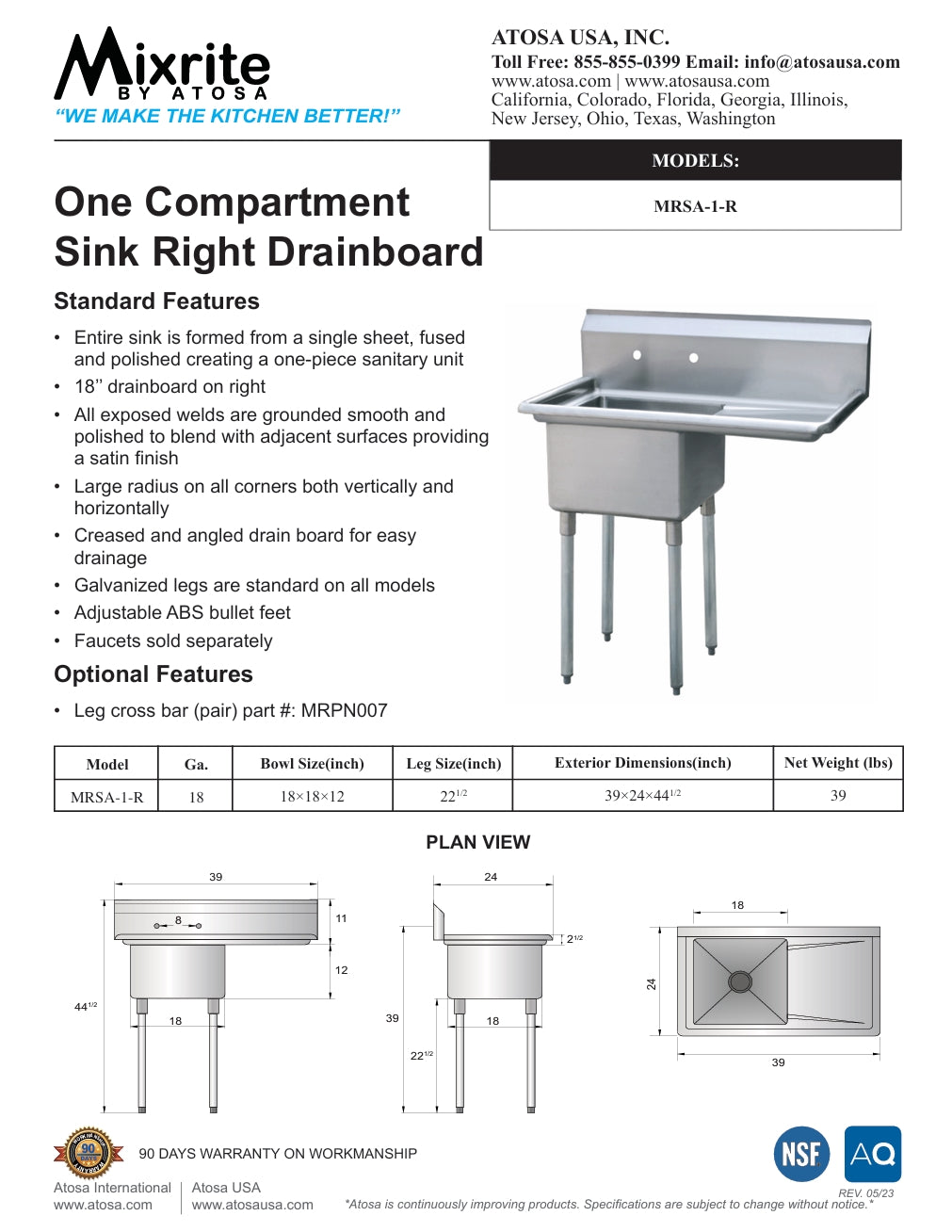 Mixrite by Atosa MRSA-1-R, Stainless Steel Sink w/ Right Drain Board, BRAND NEW!