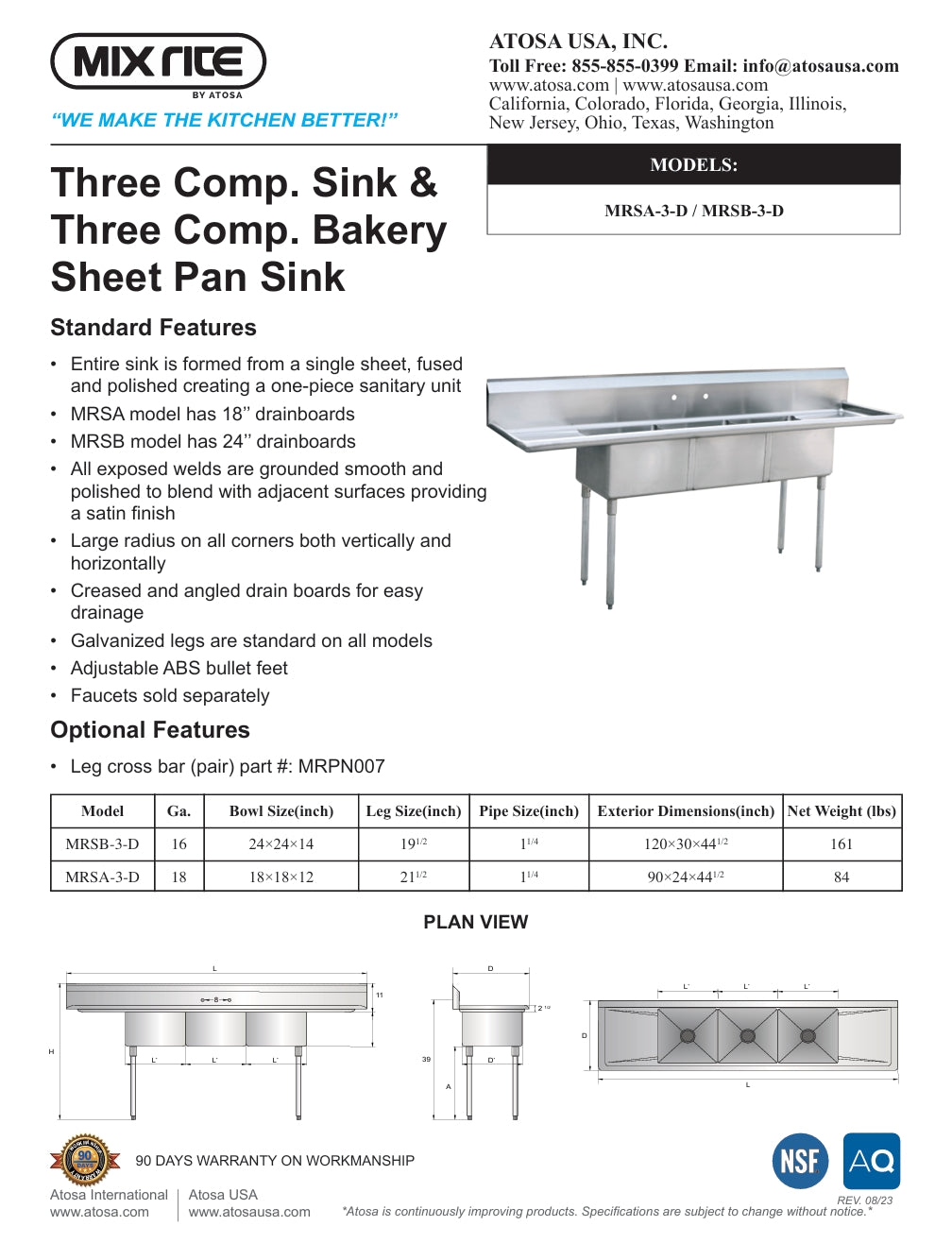 Mixrite by Atosa MRSA-3-D, Three-Compartment Sink with Dual Drain Boards, NEW!