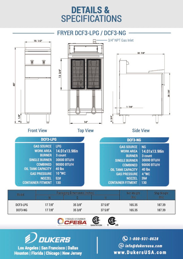 BRAND NEW DUKERS DCF3-NG 40 lb. Natural Gas Fryer with 3 Tube Burners, 2 baskets included.