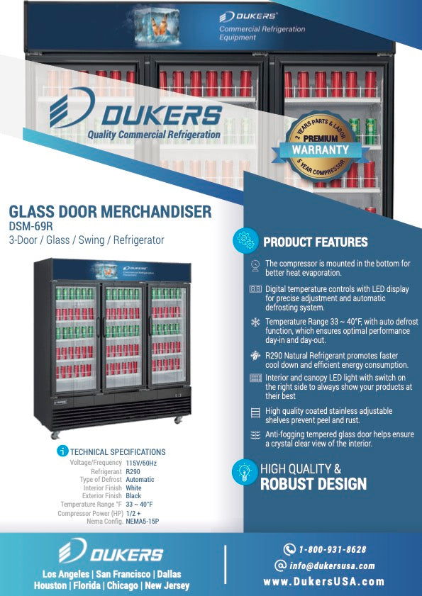 Dukers DSM-69R Commercial Glass Swing 3-Door Merchandiser Refrigerator