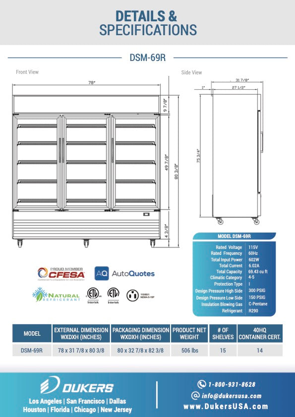 Dukers DSM-69R Commercial Glass Swing 3-Door Merchandiser Refrigerator