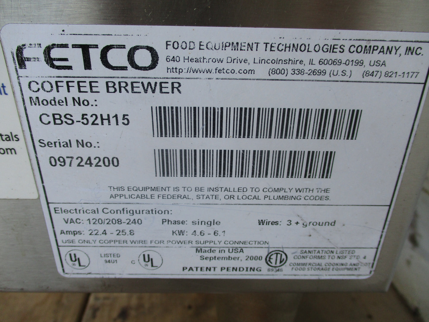 Fetco CBS-52H-15 Thermal Coffee Maker 120/208240v #6639